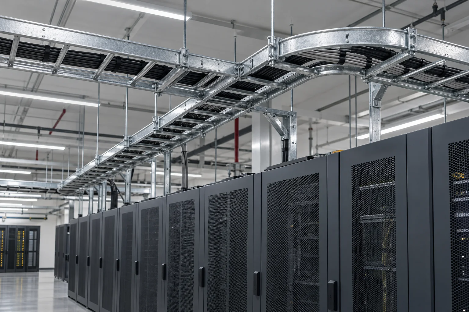 Metal cable tray system above data center cabinets