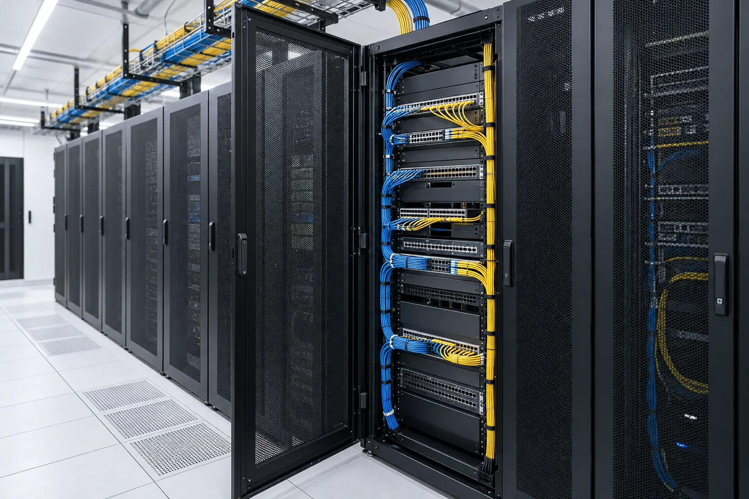 Network cabinets and fiber pathways in a data center