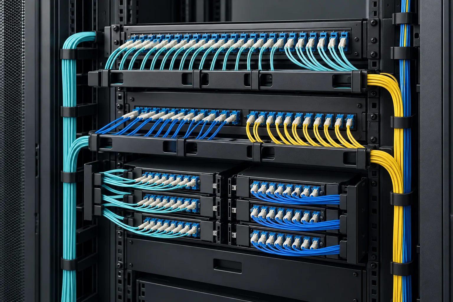 Fiber patch panel showing an organised optical distribution interface