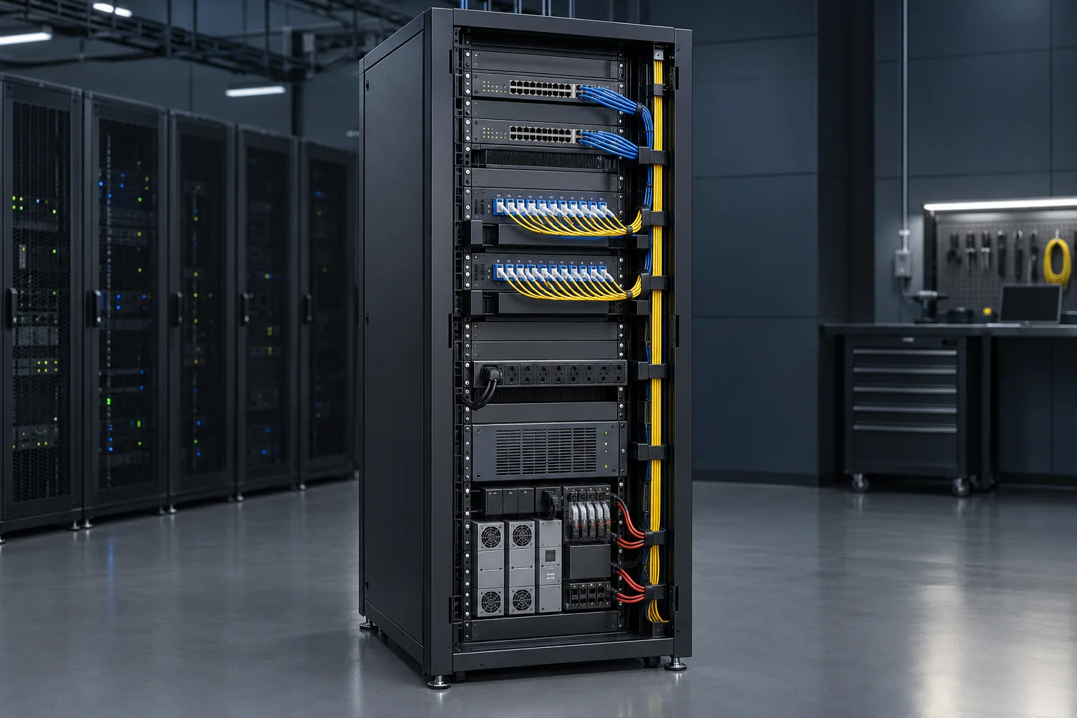 Integrated rack with network optical and power equipment