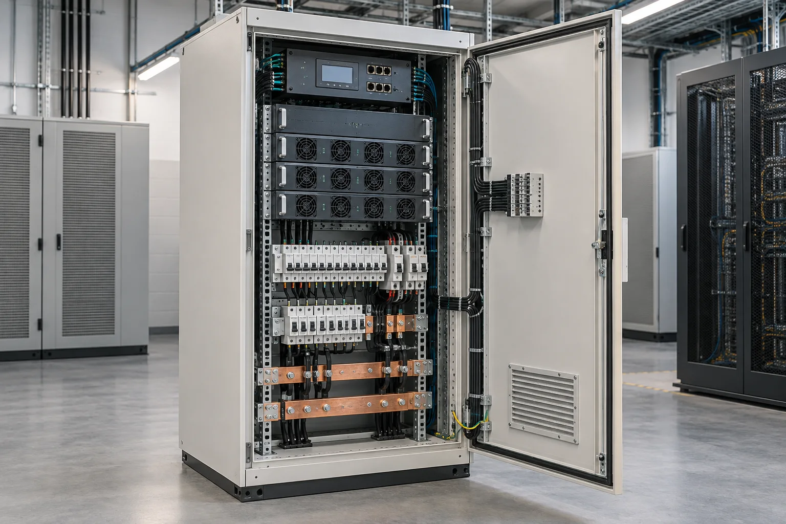 Telecom DC power cabinet with organized distribution and control modules